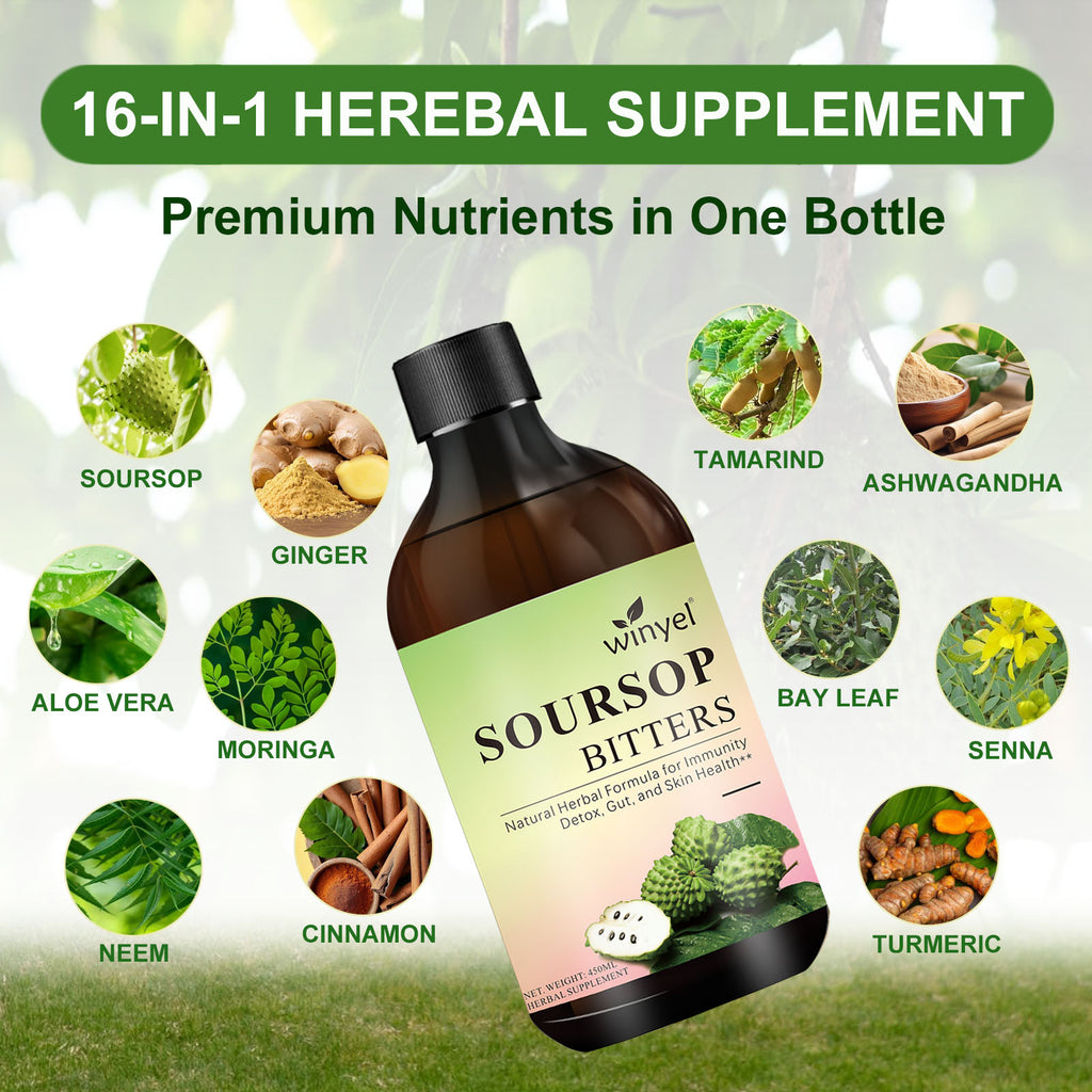 Soursop Liquid Contains Black Seeds, Moringa, And Turmeric, And Is Beneficial For Digestion And Gut Health, As Well As Providing Antioxidants, Skin Health, And Immune Support. It's A Pure 16-herb Form
