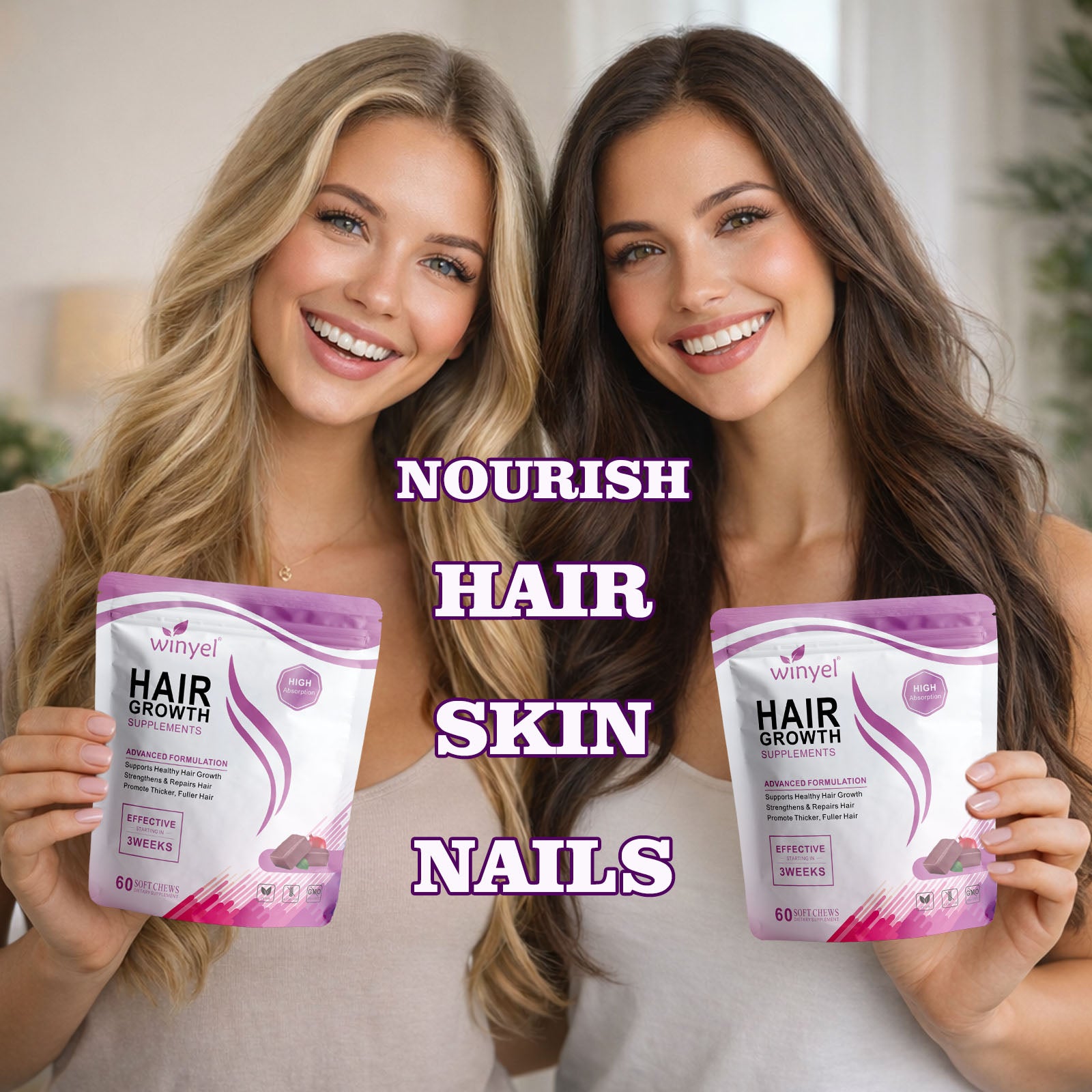 WINYEL Hair Growth Soft Chewables, Containing Hair Growth Vitamins For Men And Women, Biotin, To Help Create Thicker, Fuller, And Stronger Hair, Mixed Berries, 60 Soft Chewables.