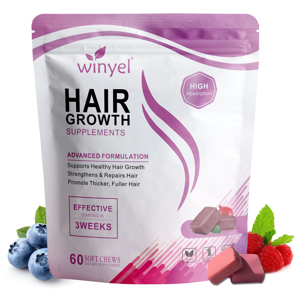 WINYEL Hair Growth Soft Chewables, Containing Hair Growth Vitamins For Men And Women, Biotin, To Help Create Thicker, Fuller, And Stronger Hair, Mixed Berries, 60 Soft Chewables.